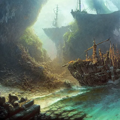 Prompt: a pirateship wreck in a crystal gorge, river running thru the middle, by tomasz alen kopera and Justin Gerard