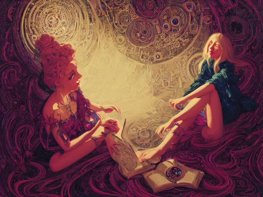 Image similar to high angle picture of a maximalist dress witch sitting on the floor and researching about the azathoth, extremely beautiful and aesthetic and detailed cute face, very huge magic circles on the hand, with familiar sprites, in the magic room, chiaroscuro, intricate, masterpiece, fantasy illustrations by ilya kuvshinov and jeremy lipking and quentin mabille