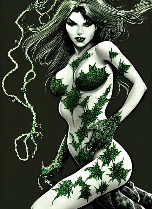 Prompt: concpet art, full shot, traditional ink, sketch, of poison ivy, line sketch, intricate, elegant, highly detailed, monochrome, digital painting, artstation, concept art, green, black, red ink sharp focus, illustration, art by borderlands 3 and peter polach