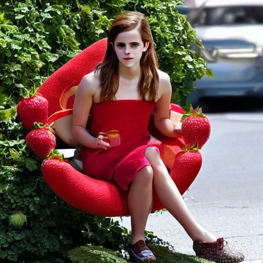 Image similar to emma watson as a strawberry chair