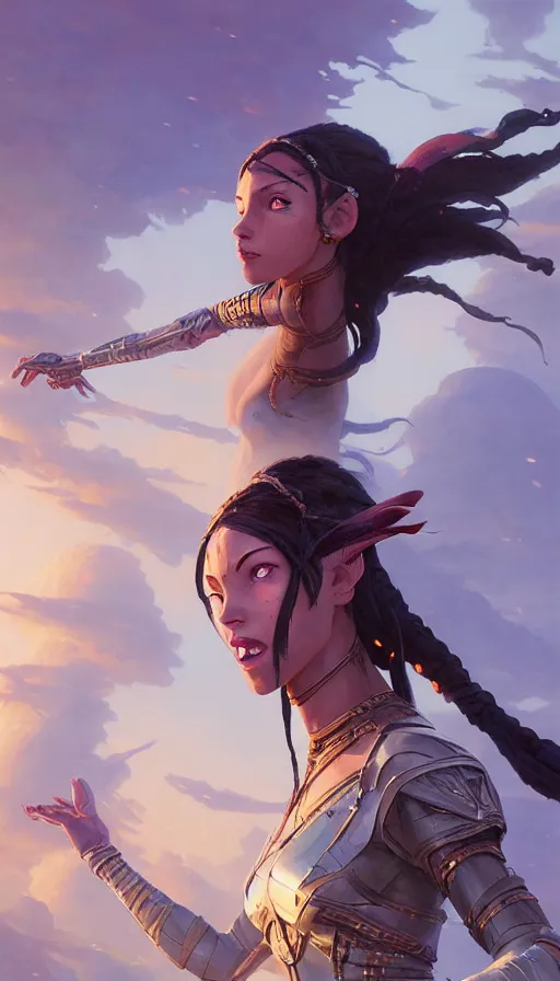 Image similar to highly detailed portrait of beautiful female warrior in avatar, dynamic pose, stephen bliss, unreal engine, fantasy art by greg rutkowski, loish, rhads, ferdinand knab, makoto shinkai and lois van baarle, ilya kuvshinov, rossdraws, tom bagshaw, global illumination, radiant light, detailed and intricate environment