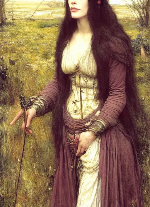 Image similar to a beautiful painting of liv tyler as arwen by John Everett Millais and Dante Gabriel Rossetti and John Collier and john william waterhouse, pre-raphaelite, detailed, trending on artstation, hd, masterpiece