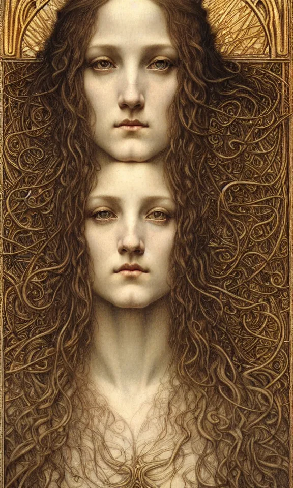 Image similar to detailed realistic beautiful young medieval queen face portrait by jean delville, gustave dore and marco mazzoni, art nouveau, symbolist, visionary, gothic, pre - raphaelite. horizontal symmetry