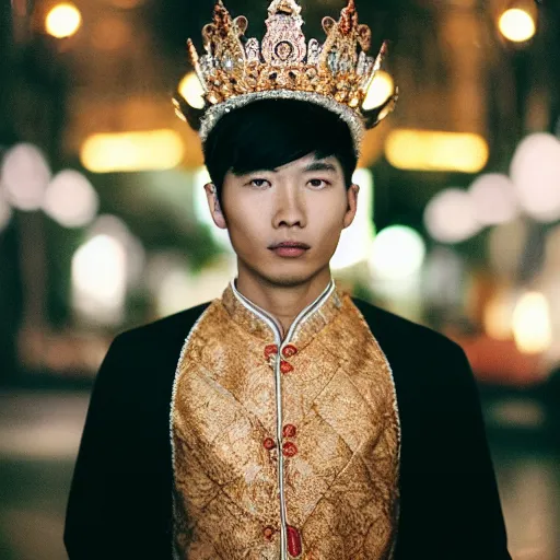 Prompt: Portrait of a handsome asian young man wearing a crown and jewelry, fashion, cinematic lighting, captured in low light, sharp focus, detailed, cinestill 800t