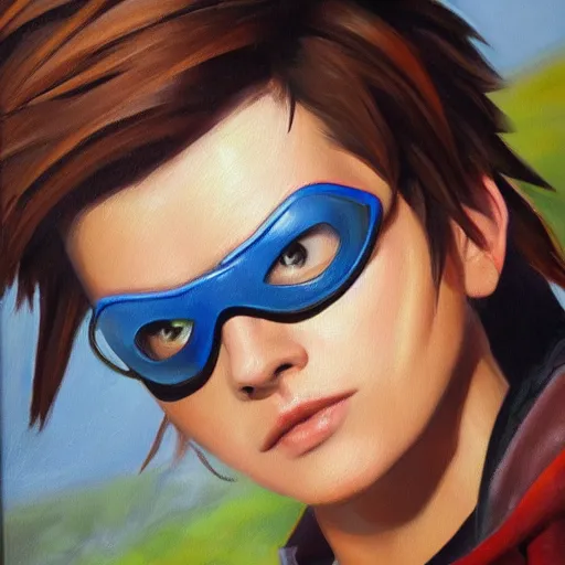 Image similar to oil painting of tracer overwatch in a field wearing large leather choker around neck, in style of mark arian, expressive face, detailed face, detailed eyes, full body, feminine face, tracer overwatch,