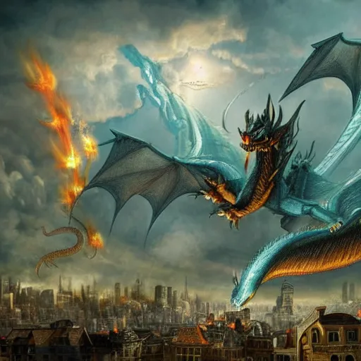 Prompt: dragon attacking a city