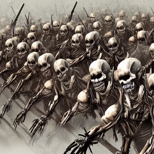 Prompt: An army of skeleton warriors, realistic, digital art, trending on artstation