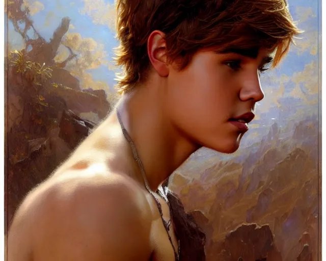 Image similar to attractive justin bieber as a god. highly detailed painting by gaston bussiere, craig mullins, j. c. leyendecker 8 k