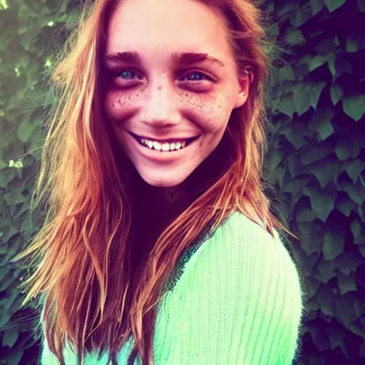 Prompt: a trending photo of over a million views from a female fashion model's instagram account, summer, freckles, smile, green eyes, natural, easygoing, healthy