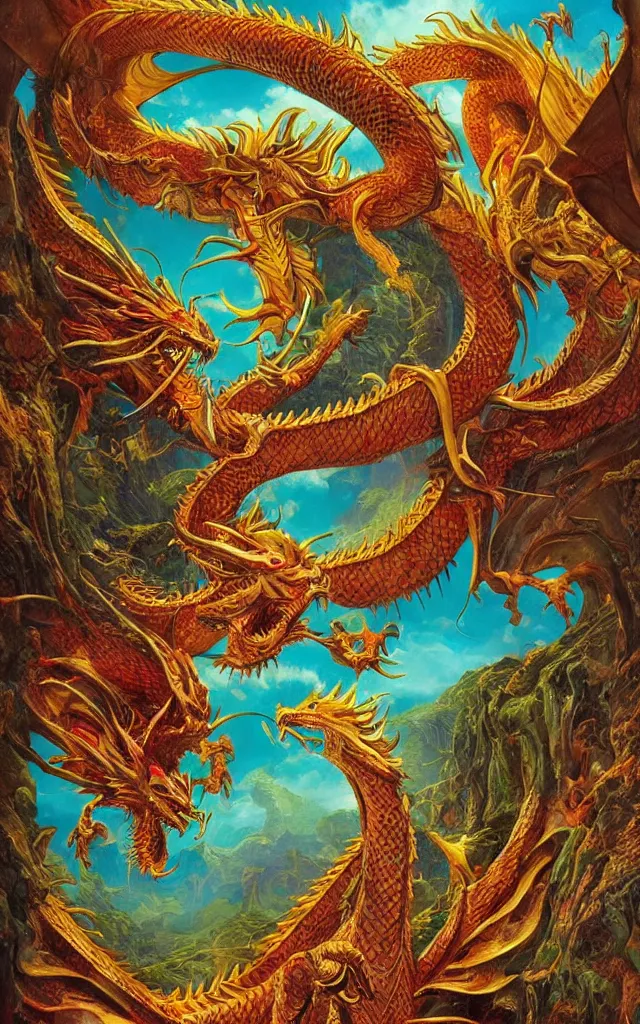 Prompt: a beautiful vibrant detailed concept art illustration, golden dragon, epic, legendary, cinematic composition, stunning atmosphere by james jean by roger dean by lee madgewick