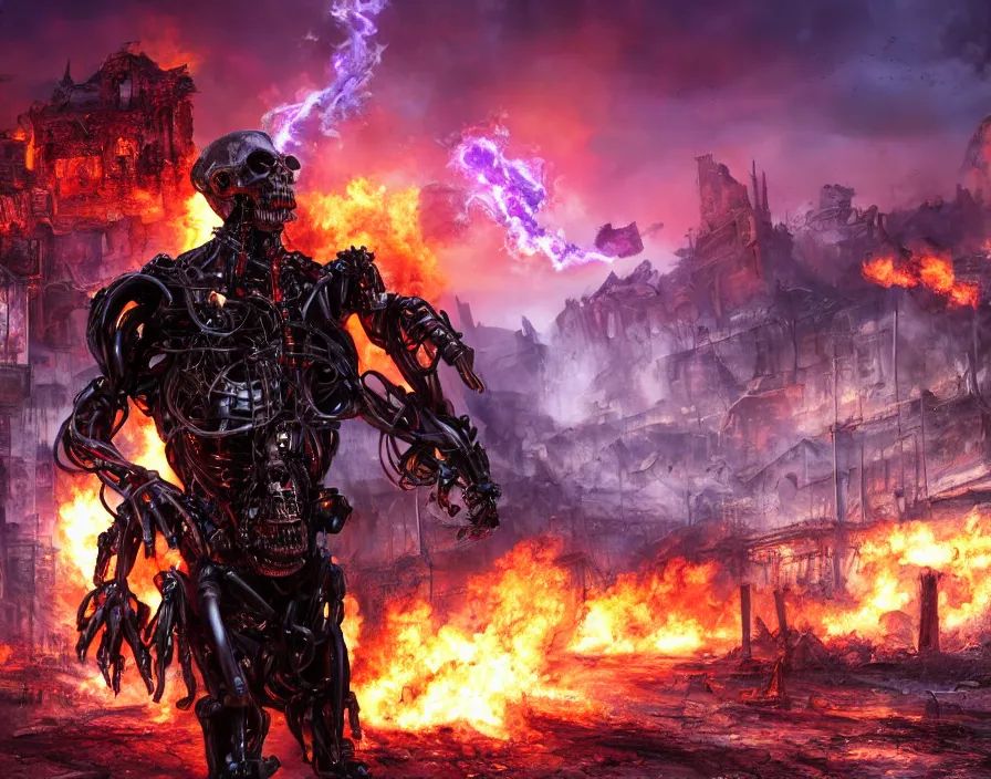 Prompt: terminator purple flaming skull, destroyed town on background, fantasy artwork, very beautiful scenery, hd, hdr, ue 5, ue 6, unreal engine 5, cinematic 4 k wallpaper, 8 k, ultra detailed, by popular digital, details, beautiful image ever created, high resolution, artstation, award winning, detailed body, details face, realistic body proportions