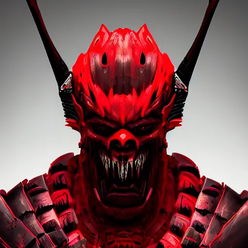 Image similar to a vivid portrait of a predator samurai, trending on artstation, scary, intimidating, dark, unreal engine, studio lighting, black and red color scheme