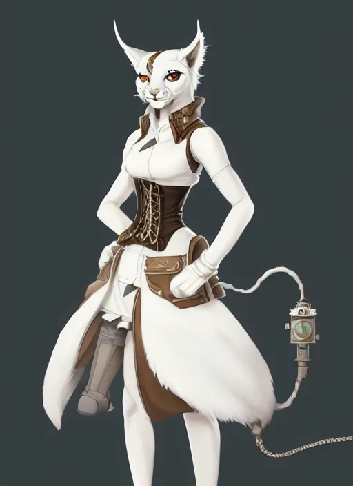 Prompt: wide angle beautiful full body portrait of a strong female anthropomorphic anthro white lynx fursona wearing a steampunk dress. character design by disney, anime, manga, charlie bowater, ross tran, artgerm, and makoto shinkai, detailed, soft lighting, rendered in octane