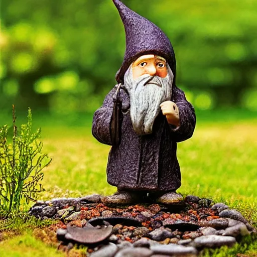 Prompt: garden gnome set of the fellowship of the ring, tilt shift, award winning, highly textured
