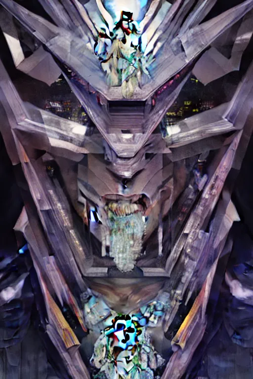 Image similar to dreamland of chinese, ghost, sharp, slender and densely arranged teeth, futuristic, expressive, dystopian, cyberpunk, mecha, halfturn portrait of a big crystal face made of crystals half - turn, ominous, intricate, studio, art by anthony macbain + greg rutkowski + alphonse mucha, concept art, 4 k, sharp focus