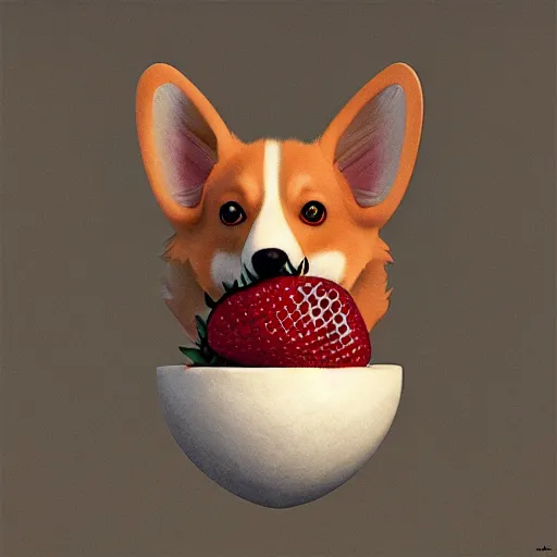 Prompt: corgi as a strawberry : by michal karcz, daniel merriam, victo ngai and guillermo del toro : ornate, dynamic, particulate, intricate, elegant, highly detailed, centered, artstation, smooth, sharp focus, octane render