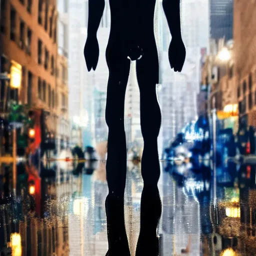 Image similar to a t - 1 0 0 0 cat made of liquid metal walking in the streets of new york city and frightening all the people around, volumetric lighting, sharp focus, ultra detailed, cgsociety - w 1 0 2 4 - n 8 - i