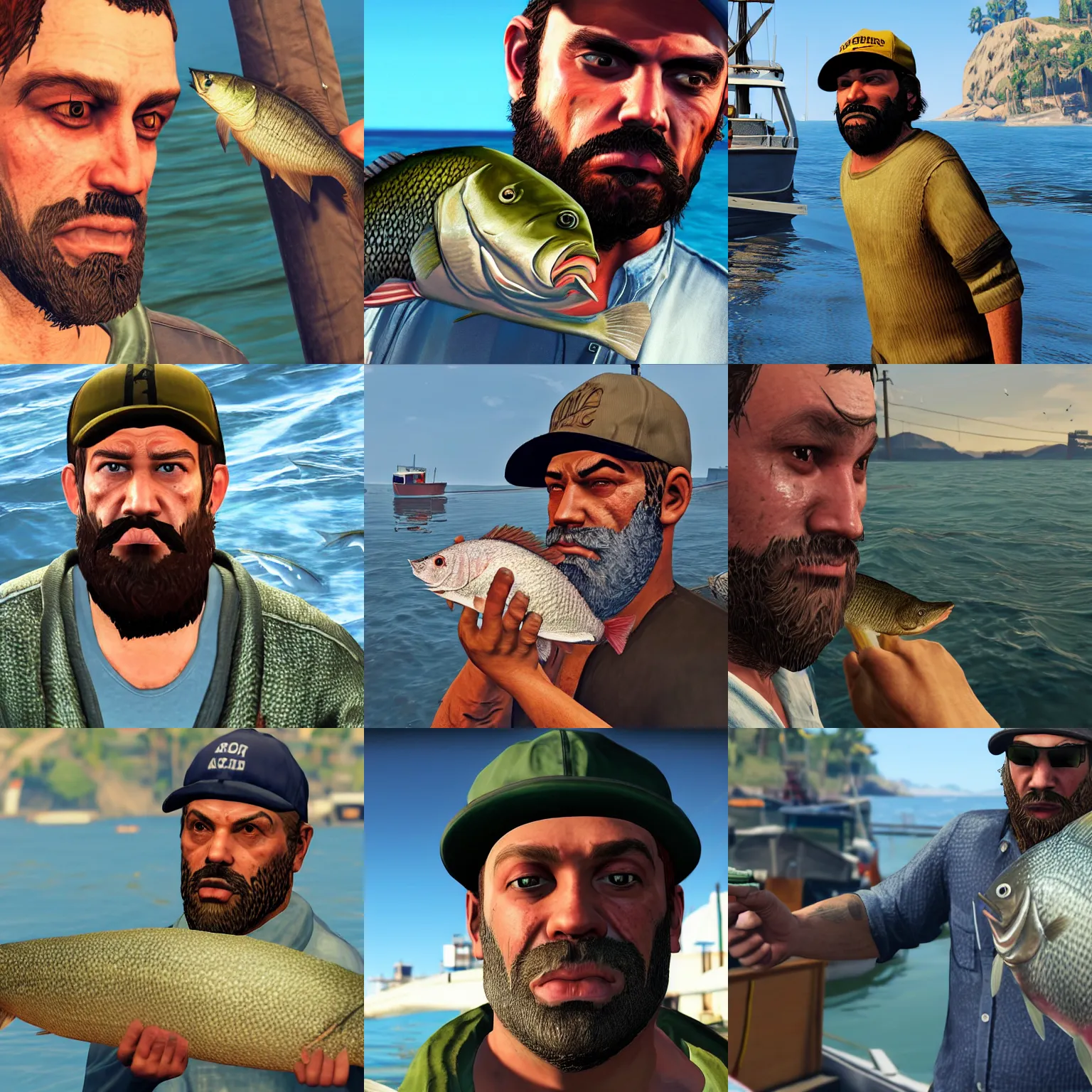 Image similar to 30-year old bearded fisherman caught fish, GTA V character, detailed, closeup