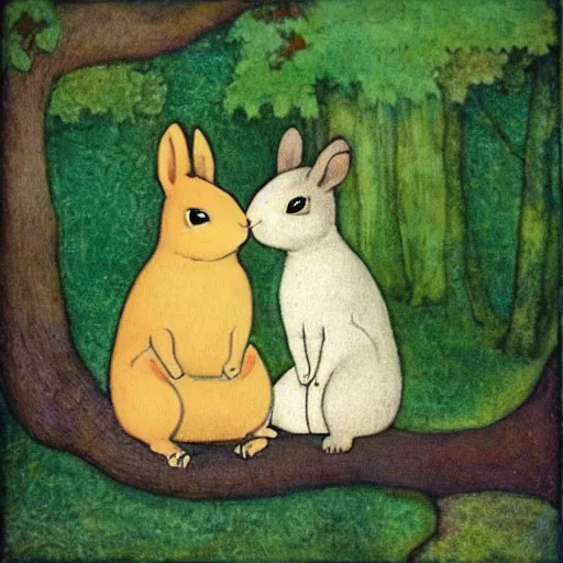 Prompt: two squirrels sitting in a tree, a rabbit sits underneath the tree, in the style of john bauer