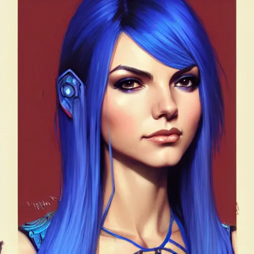 Image similar to Victoria Justice with blue hair as Commander Shepard, western, D&D, fantasy, intricate, elegant, highly detailed, digital painting, artstation, concept art, matte, sharp focus, illustration, art by Artgerm and Greg Rutkowski and Alphonse Mucha