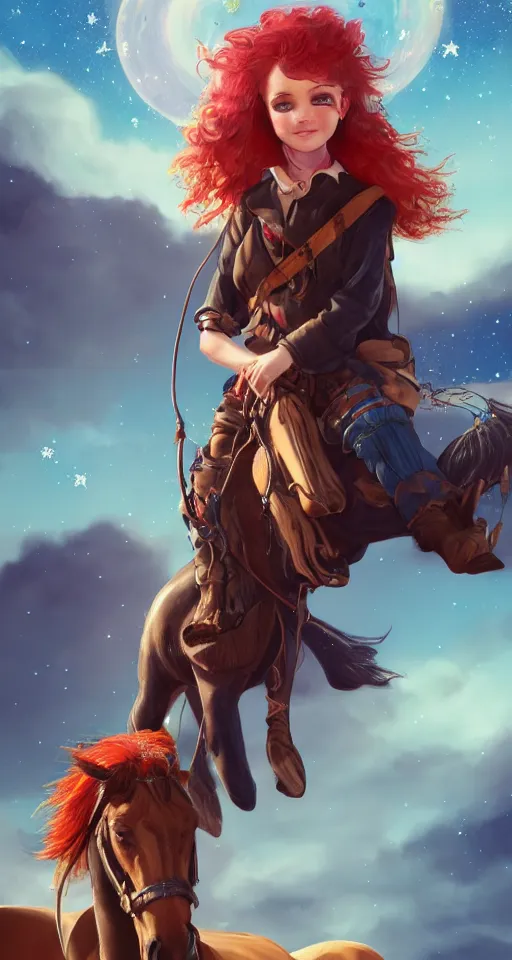 Image similar to a young cowgirl sitting on top of her horse, overlooking a canyon, red hair and blue eyes, stars and galaxies visible in the nightsky, sad and introspective, highly detailed, artstation, stunning, 8 k