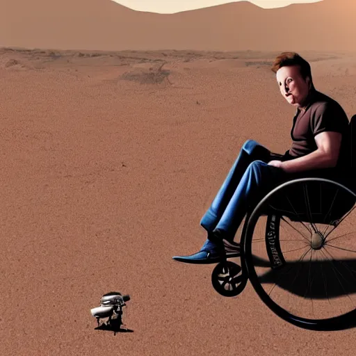 Image similar to elon musk at age 1 0 0 sitting in a wheelchair on planet mars, high quality, photorealistic