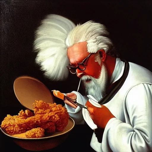 Image similar to Colonel Sanders eating fried chicken out of a red bucket. Painted by Caravaggio, high detail