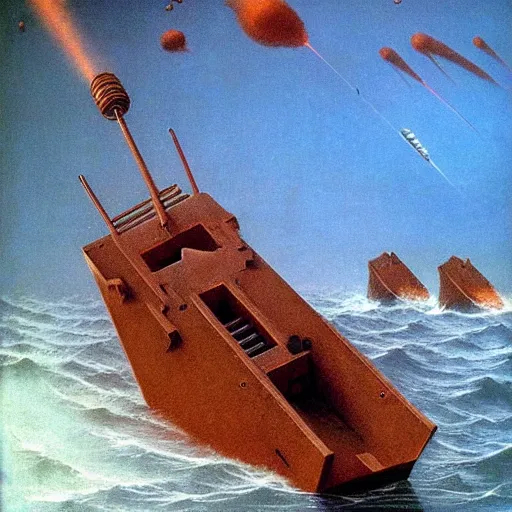 Image similar to naval cannon firing by Zdzisław Beksiński, oil on canvas