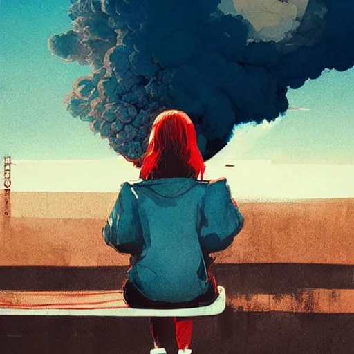 Image similar to girl sitting on a park bench, nuclear explosion in the background, nuclear bomb cloud, by conrad roset, by greg rutkowski, digital art, beautiful face