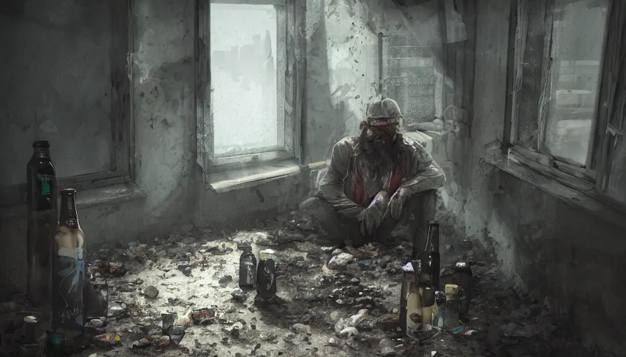 Prompt: homeless guy drink beer bottle in an abandoned dirty dusty hotel, cracked wall, rotten room, flashlight, hyperdetailed, artstation, cgsociety, 8 k