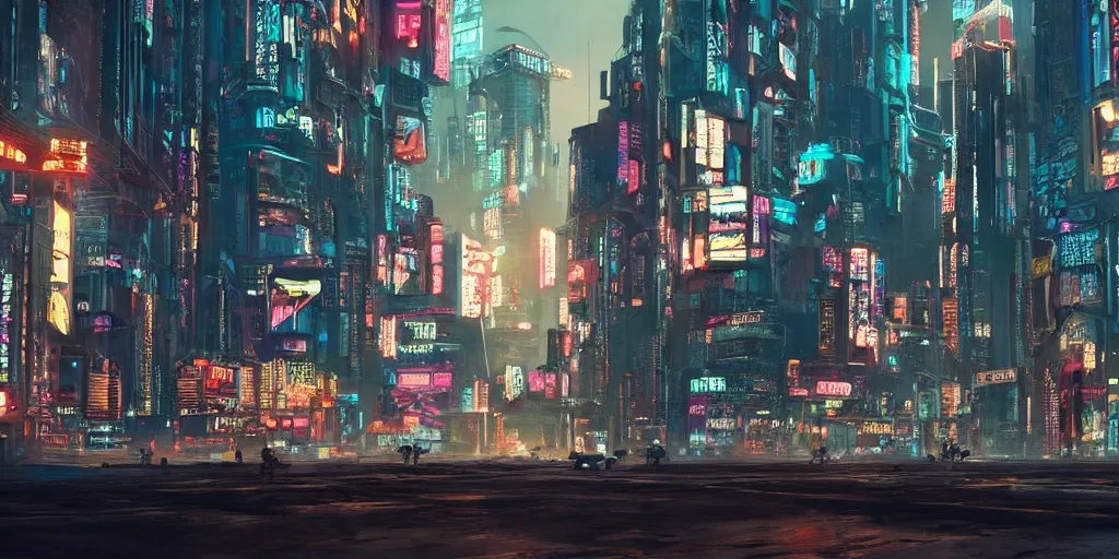 Image similar to movie still of a cyberpunk city with design inspired by Arabic style architecture, directed by Denis Villeneuve, 4KUHD, wide shot, award winning