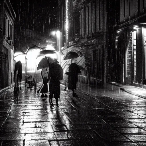 Prompt: a vivid emotional picture of two shadowy figures under one umbrella at night in an ally, it is raining heavily, street lanterns are shining, they are reflected on the rainy street, 35mm, motion blur