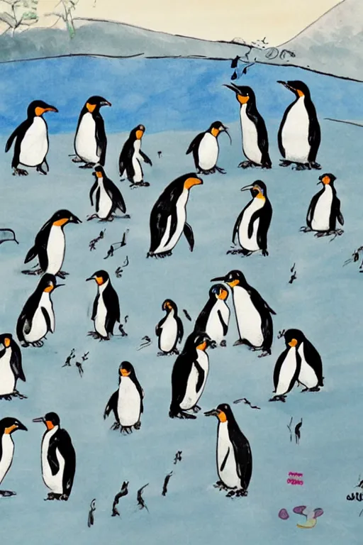 Prompt: penguins dancing in chuncheon by quentin blake