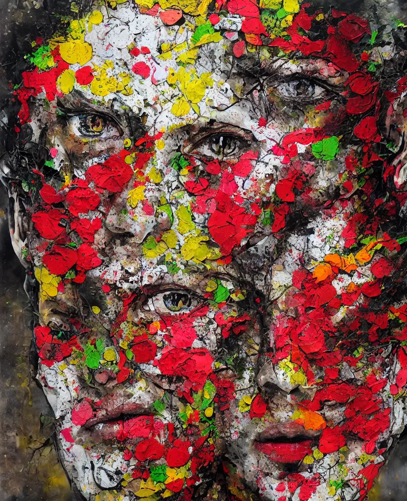 Image similar to illustration, gouache impasto of human face, blossoms, intricate, by artur bordalo