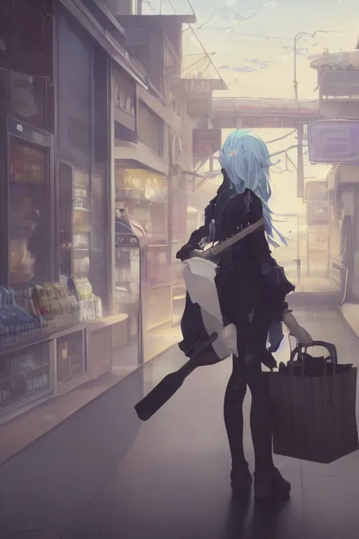 Image similar to a white haired girl with a guitar on her back shopping at a convenience store at night, grey and dark theme, s line, 4 5 angel by krenz cushart and mucha and makoto shinkai and akihito yoshida and greg rutkowski, nier : automata inspired, 4 k resolution