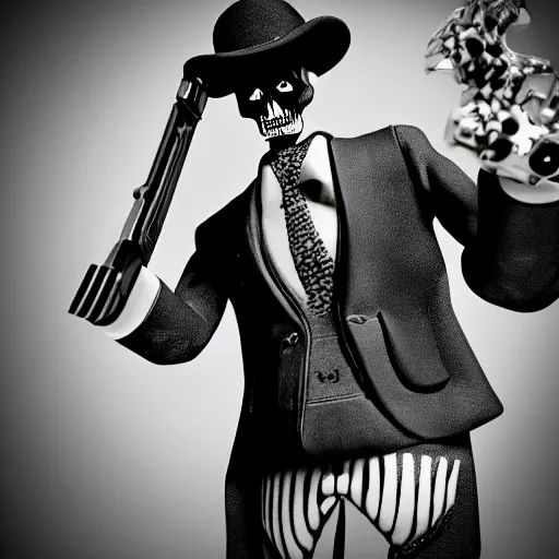 Prompt: mafia skeleton with a puro and a gun in hand, black and white, vintage, 80s movies, 8k cinematic shot, hyper realistic, very detailed