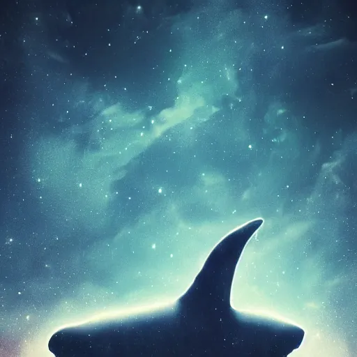 Image similar to portrait of space whale on a dark night sky in space, flying across the universe, oniric, dreamy, beautiful, highly detailed, realistic, cinematic, dynamic composition