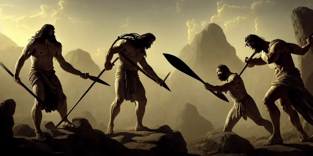 Prompt: realistic scene of biblical Cain with a spear fighting Abel with a reaper scythe, a stone altar with white smoke ascending in the background, masculine and rugged, inspired art by Frazetta + facial symmetry + bright dramatic volumetric lighting, well lit, 8k octane render, intricate, epic composition, golden hour, cinematic studio lighting + masterpiece, trending on artstation, very detailed, masterpiece, stunning