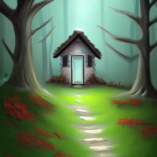 Prompt: a painting of a notepad that is also a door to a cottage in the woods, trending on artstation, detailed digital art, aesthetic!!!!,