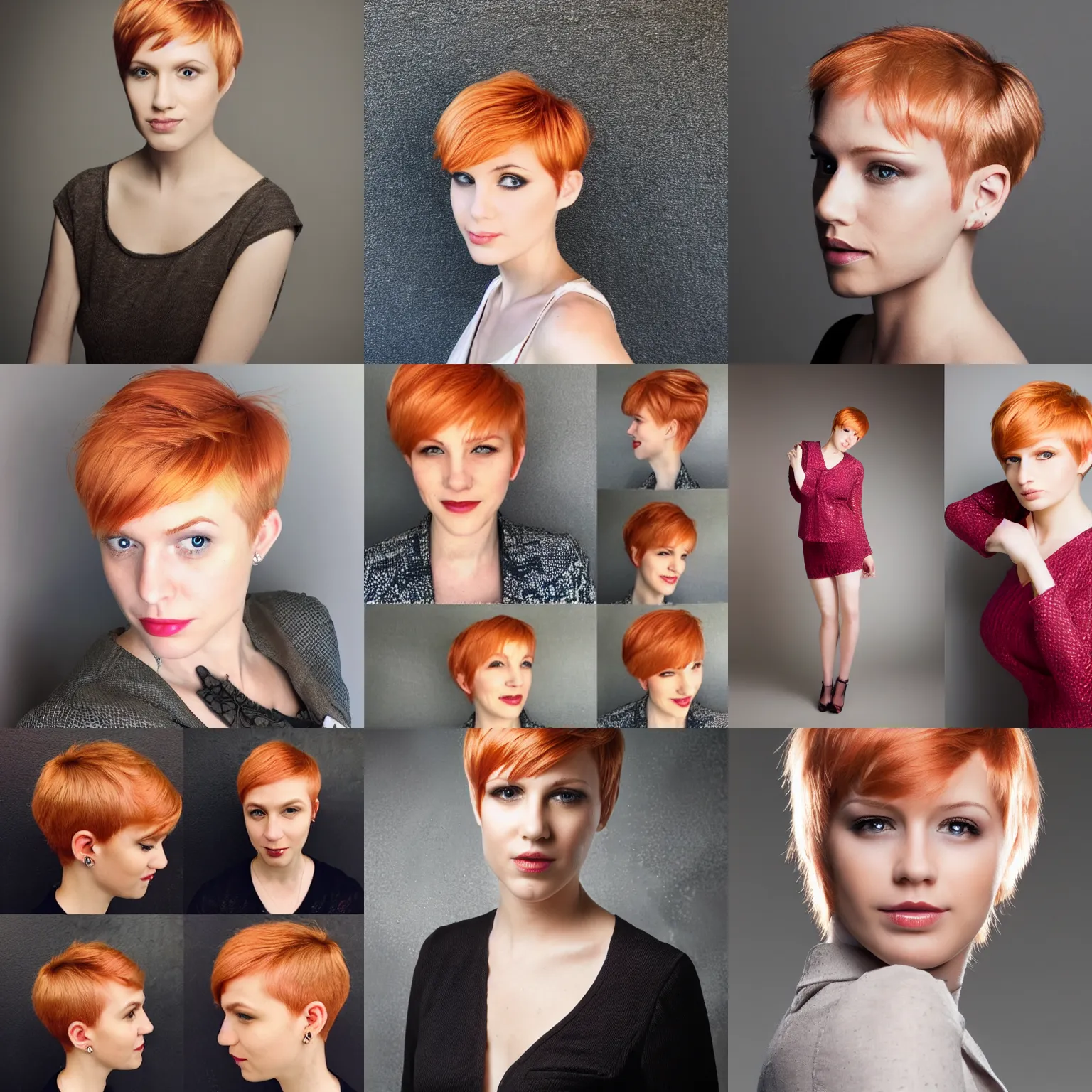 Prompt: strawberry blond pixie cut, professional fashion photo