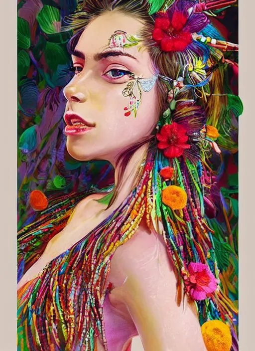 Image similar to beautiful fashion portrait of a mediterranean female wearing fantastic Hand-dyed cotton dress, embellished beaded feather decorative fringe knots ,colorful pigtail,subtropical flowers and plants,symmetrical face,intricate,elegant, highly detailed, 8k,post-processing,digital painting, trending on pinterest, arper's bazaar,concept art, sharp focus, illustration, by artgerm,Tom Bagshaw,Daniel Gerhartz,Albert Aublet,Lawrence Alma-Tadema