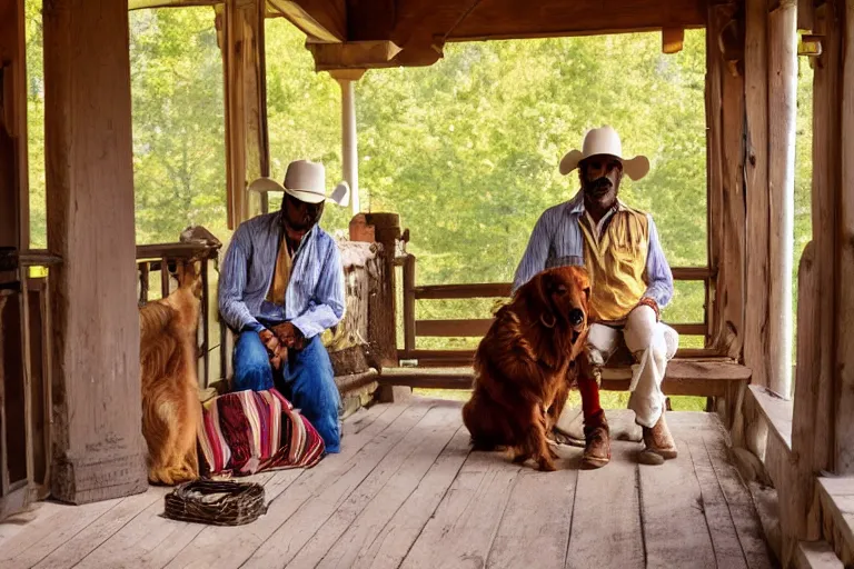 Image similar to Indian cowboy on the country western porch with his golden retriever cinematography by Steven Spielberg