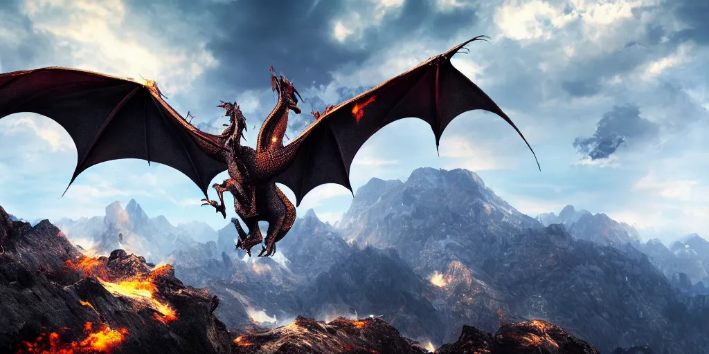 Image similar to One dragon with half open wings breathing fire on the top of a mountain, epic composition, detailed and intricate image, cinematic, 4K