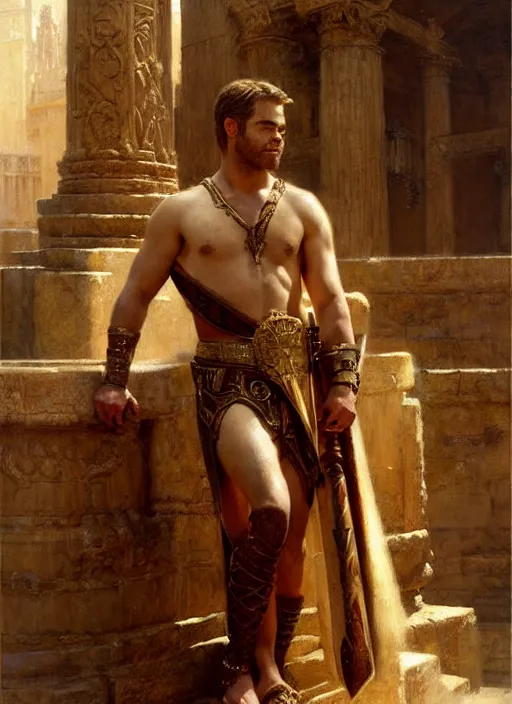 Prompt: gladiator chris pine, roman baths painting by gaston bussiere, craig mullins, j. c. leyendecker