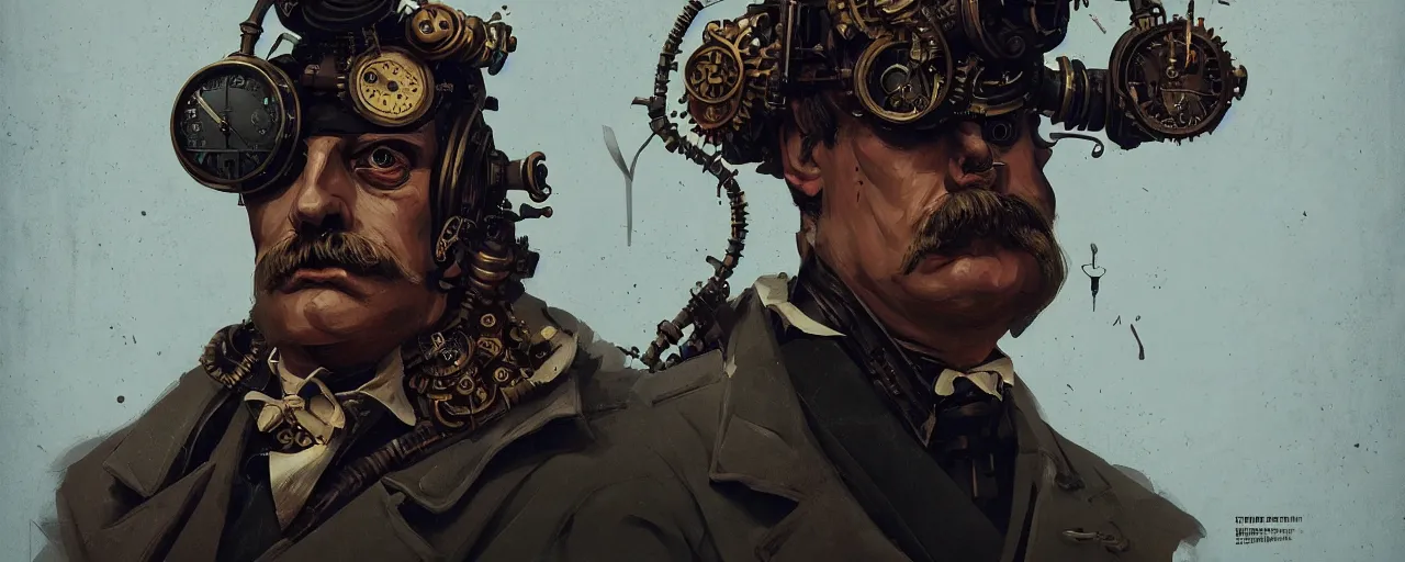 Image similar to duotone dark concept illustration 3 / 4 portrait of friedrich nietzsche as steampunk cyborg. highly detailed mechanism cinematic lighting. fibonacci golden ratio accidental renaissance. by sachin teng and sergey kolesov and ruan jia and heng z. graffiti art, scifi, fantasy, hyper detailed. octane render. concept art. trending on artstation