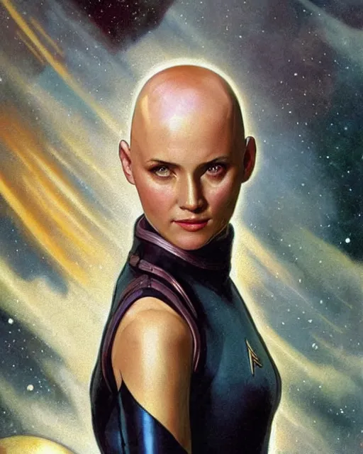 Image similar to a bald serbian!!! young woman as a star trek captain, a still from star trek painted by artgerm and greg rutkowski and alphonse mucha. clear highly detailed face, beautiful sci fi art