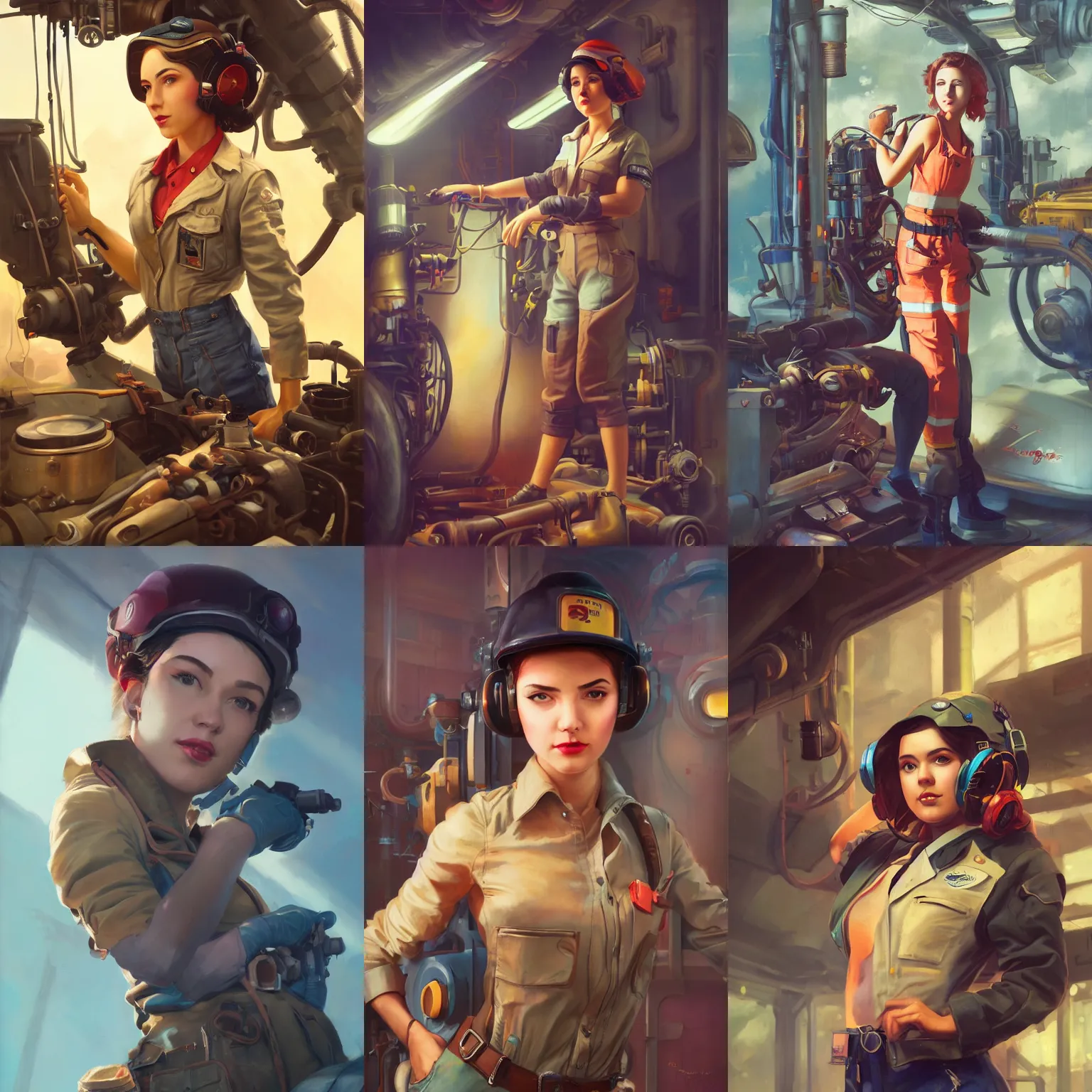 Image similar to a portrait of a cute female mechanic, dieselpunk setting, vivid colors, soft lighting, atmospheric, cinematic, moody, in the style of artgerm and greg rutkowski, oil on canvas, 8 k