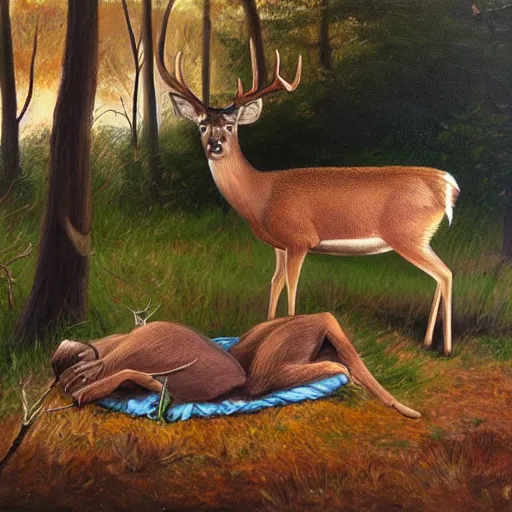 Prompt: portrait of deer sleeping in tent, antlers, jack paluh, oil painting
