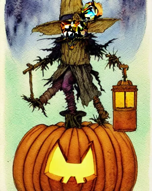 Prompt: a simple and atmospheric watercolour portrait of a scarecrow with a jack - o - lantern head holding a lantern on halloween, very muted colors, by rebecca guay, michael kaluta, charles vess and jean moebius giraud