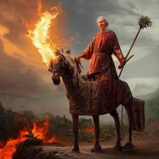 Prompt: Beautiful hyperrealistic detailed matte painting of a 60 year old man in Biblical outfit standing on an ancient chariot made of fire. Firey horses. nightime.